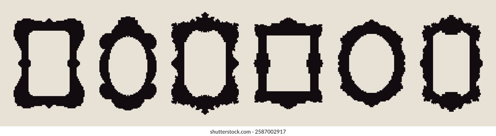 Set of gothic pixel frames. Ornate borders in a retro 8-bit style. Perfect for vintage horror, dark aesthetics, game design, Halloween graphics, creepy posters.