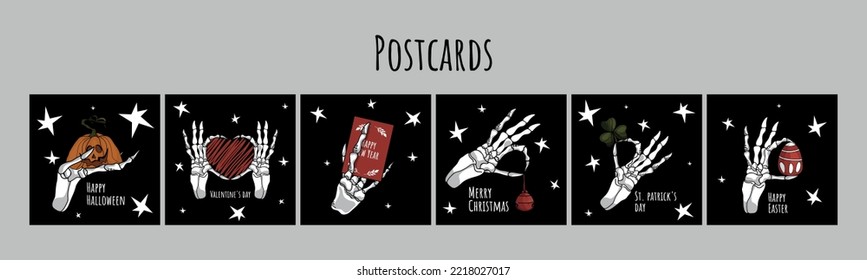 A set of Gothic postcards for the holidays. Halloween, Valentine's Day, St. Patrick's Day, Easter, Christmas, New Year. Traditional and international holidays.