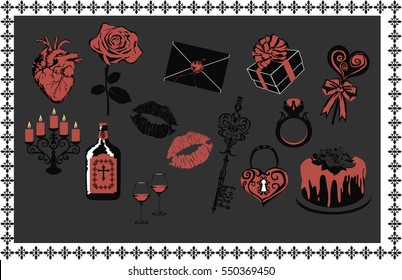 Set of Gothic Romantic  Icons for Valentine's Day and Wedding