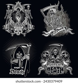 set gothic sign with skeleton with scythe (Hand drawn vector image), grunge vintage design t shirts