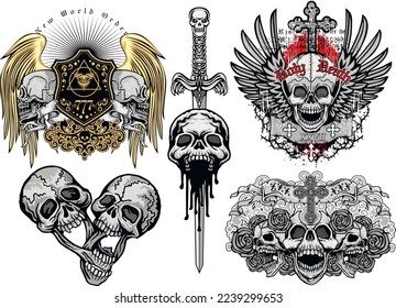 set, gothic sign with skull and crown, grunge vintage design t shirts