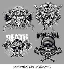 set, gothic sign with skull and crown, grunge vintage design t shirts