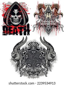 set, gothic sign with skull and crown, grunge vintage design t shirts