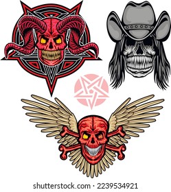set, gothic sign with skull and crown, grunge vintage design t shirts