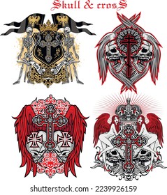 set, gothic sign with skull and crown, grunge vintage design t shirts