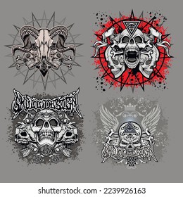 set, gothic sign with skull and crown, grunge vintage design t shirts