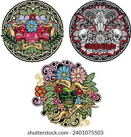 
set, gothic sign with skull with flowers (Hand drawn vector image), grunge vintage design t shirts