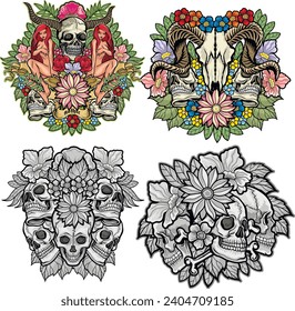 set, gothic sign with skull and flowers (Hand drawn vector image), grunge vintage design t shirts