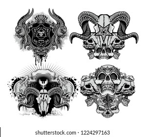 set gothic sign with skull, grunge vintage design t shirts
