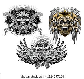 set gothic sign with skull, grunge vintage design t shirts
