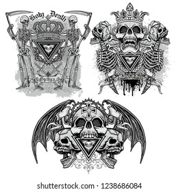 set gothic sign with skull, grunge vintage design t shirts
