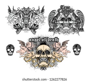 set  gothic sign with skull, grunge vintage design t shirts
