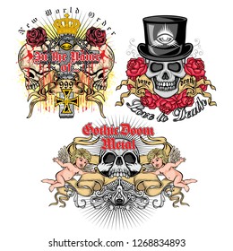 Set Gothic sign with skull, grunge vintage design t shirts
