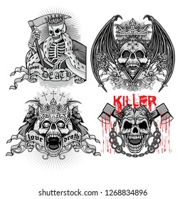 Set Gothic sign with skull, grunge vintage design t shirts
