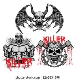Set Gothic sign with skull, grunge vintage design t shirts

