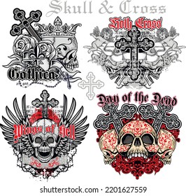 set, Gothic sign with skull, grunge vintage design t shirts
