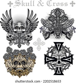 set gothic sign with skull, grunge vintage design t shirts
