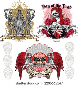 set gothic sign with skull, grunge vintage design t shirts