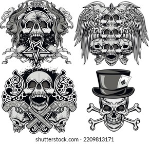 set gothic sign with skull, grunge vintage design t shirts