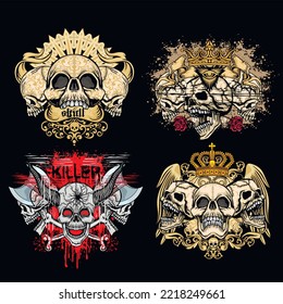 set gothic sign with skull, grunge vintage design t shirts