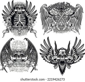 set gothic sign with skull, grunge vintage design t shirts