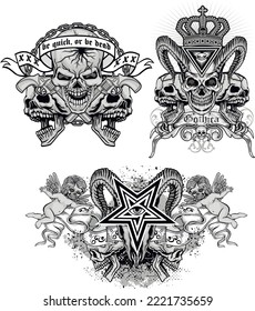 set, gothic sign with skull, grunge vintage design t shirts