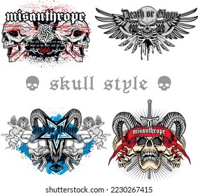 set, gothic sign with skull, grunge vintage design t shirts