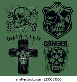 set, gothic sign with skull, grunge vintage design t shirts