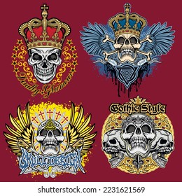 set, gothic sign with skull, grunge vintage design t shirts