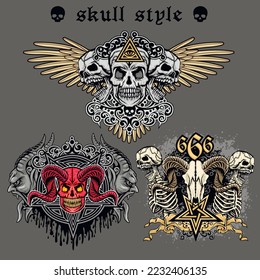 set, gothic sign with skull, grunge vintage design t shirts