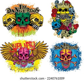 set gothic sign with skull, grunge vintage design t shirts