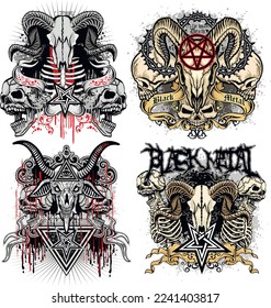 set gothic sign with skull, grunge vintage design t shirts
