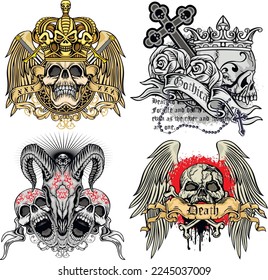 set gothic sign with skull, grunge vintage design t shirts