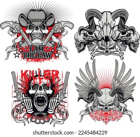 set gothic sign with skull, grunge vintage design t shirts