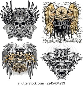set gothic sign with skull, grunge vintage design t shirts