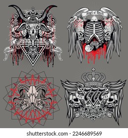 set gothic sign with skull, grunge vintage design t shirts