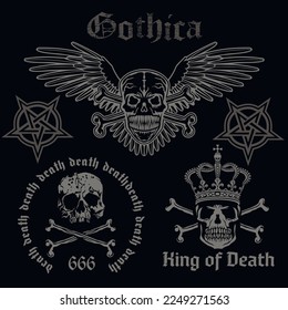 set gothic sign with skull, grunge vintage design t shirts