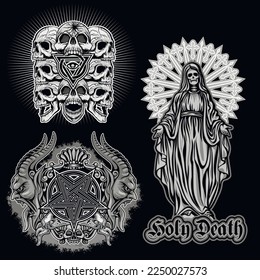 set gothic sign with skull, grunge vintage design t shirts
