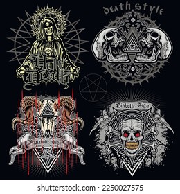 set gothic sign with skull, grunge vintage design t shirts