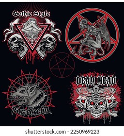 set, gothic sign with skull, grunge vintage design t shirts