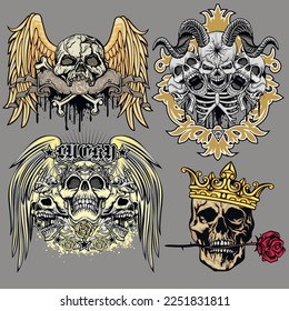 set, gothic sign with skull, grunge vintage design t shirts