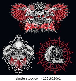 set, gothic sign with skull, grunge vintage design t shirts