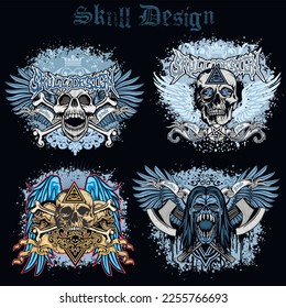 set gothic sign with skull, grunge vintage design t shirts