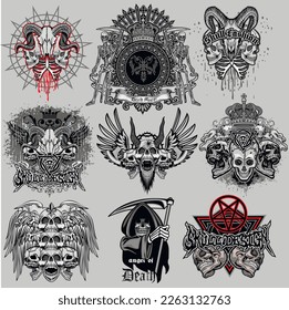 set gothic sign with skull, grunge vintage design t shirts