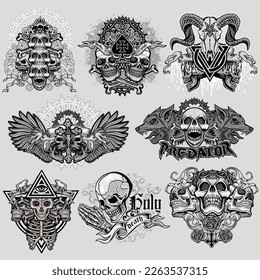 set gothic sign with skull, grunge vintage design t shirts