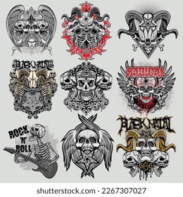 set gothic sign with skull, grunge vintage design t shirts