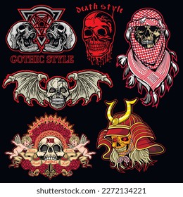 set gothic sign with skull, grunge vintage design t shirts