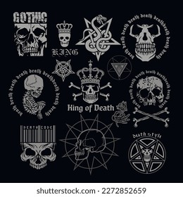 set gothic sign with skull, grunge vintage design t shirts