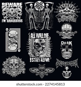 set gothic sign with skull, grunge vintage design t shirts