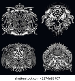 set gothic sign with skull, grunge vintage design t shirts